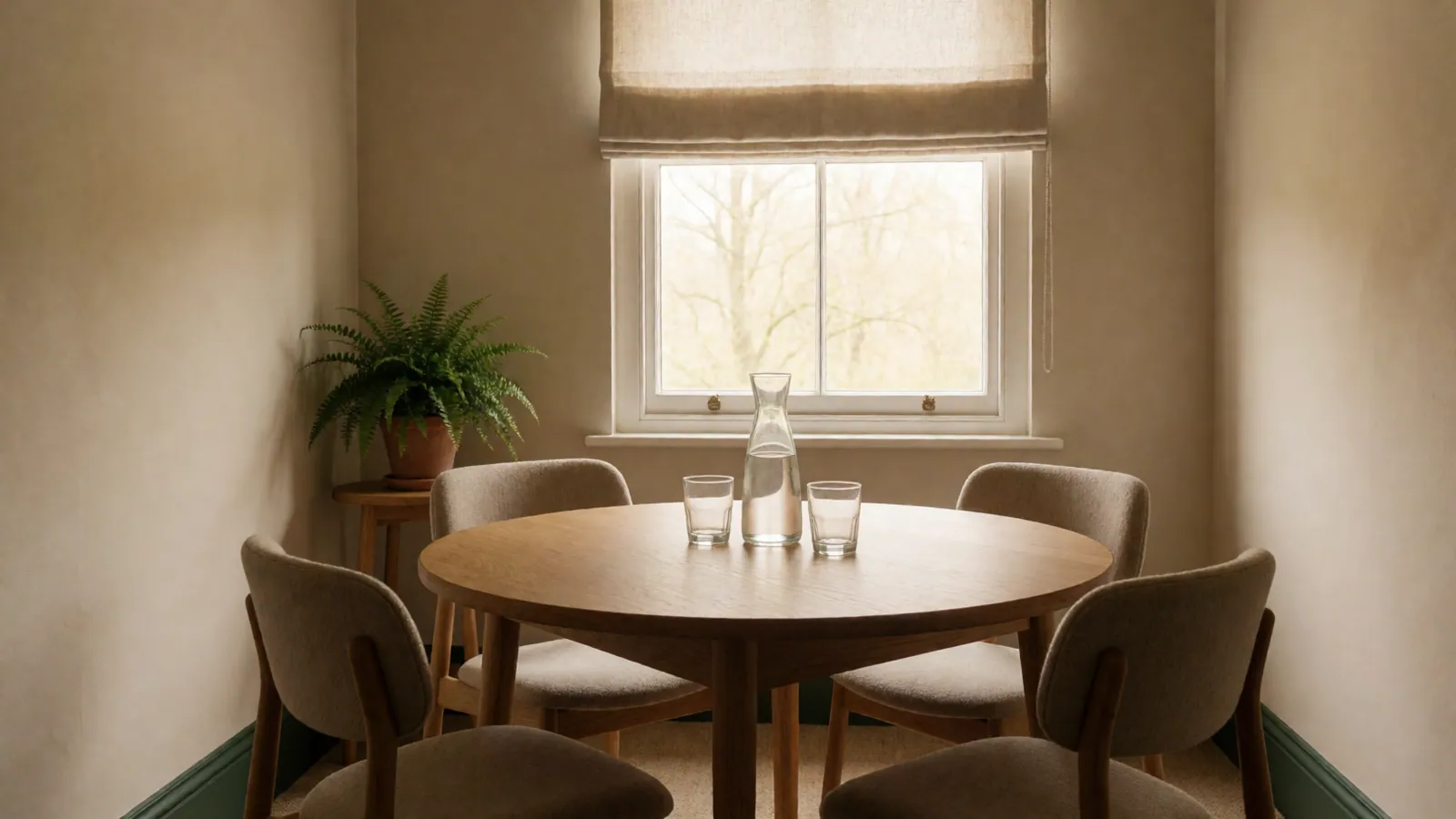 The arrangement room: a round oak table with four chairs, a window, a carafe of water