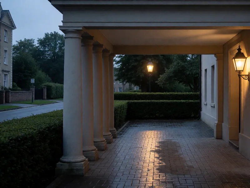 The covered porch, empty