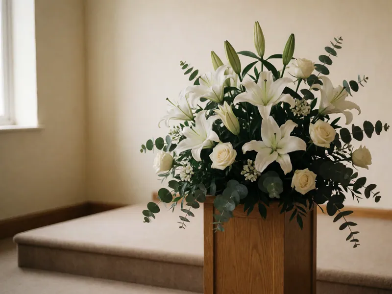 Loose white flowers in a plain vessel at the front of the chapel, with nothing behind them