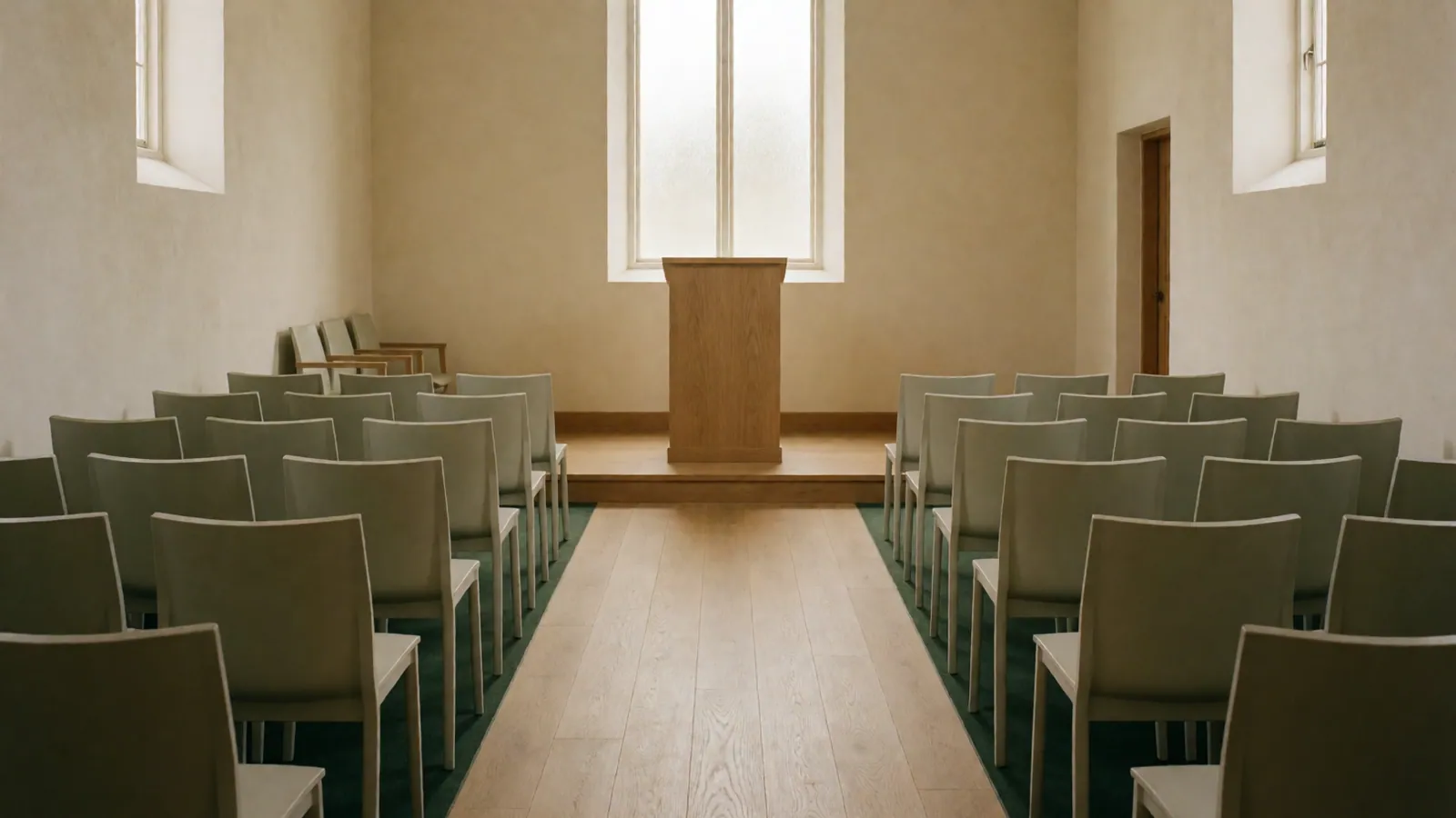 The chapel from the back row, the chairs empty and the walls bare