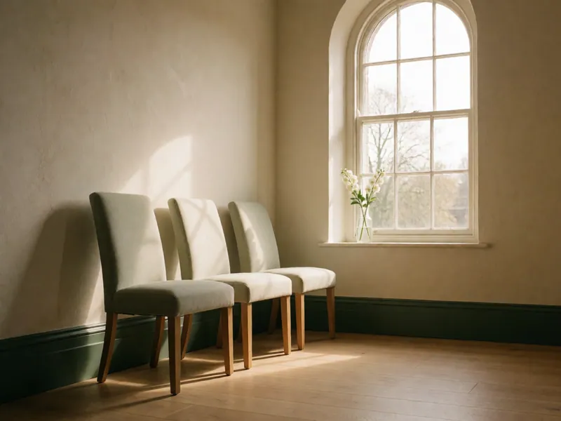 Daylight through a tall clear window, falling in a long panel across the chapel floor