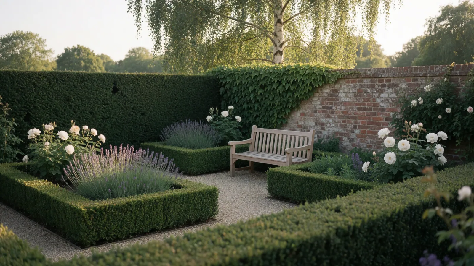 The garden of remembrance in the late afternoon, mown grass, a low hedge and an unoccupied bench