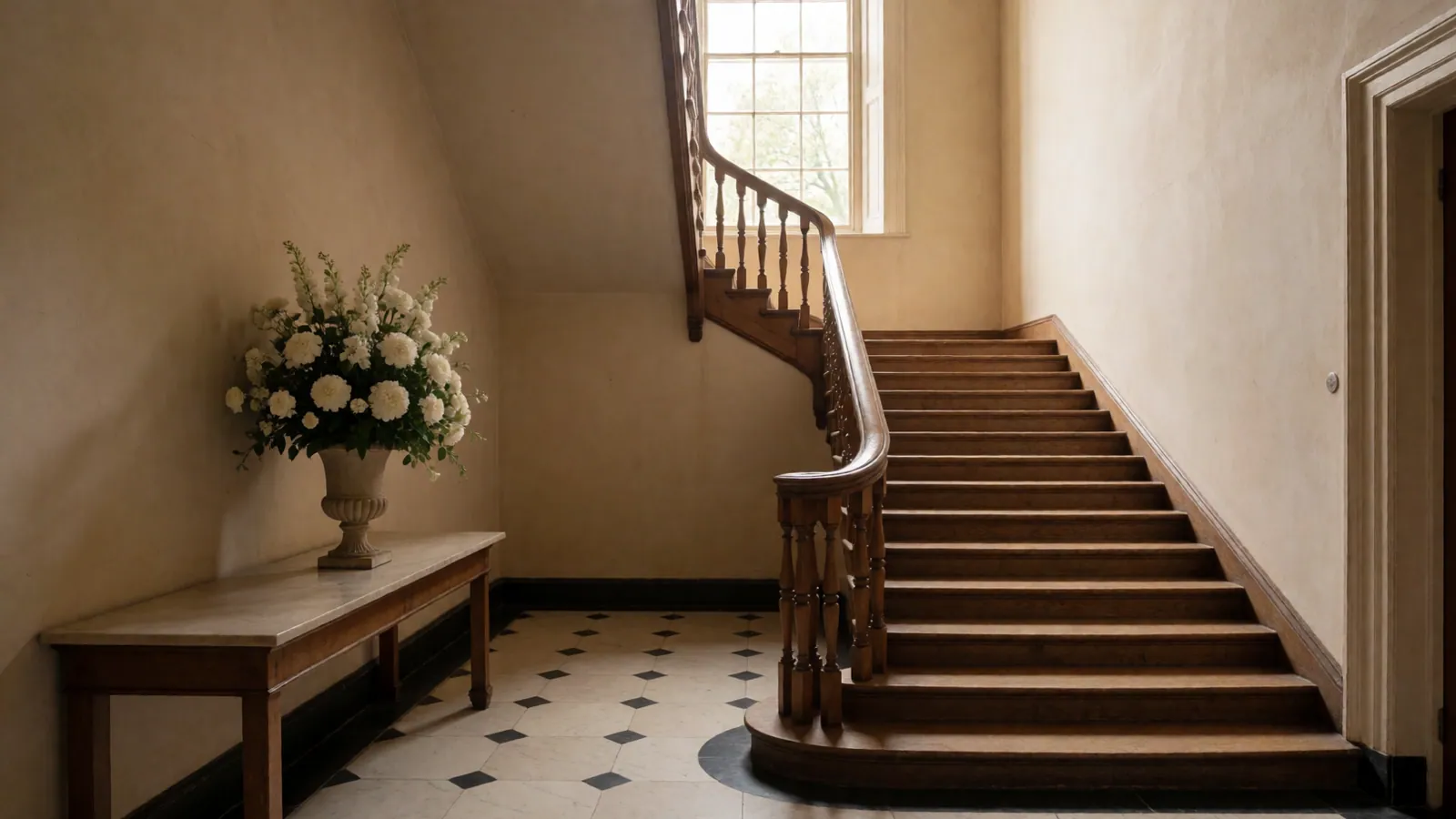 The hall looking down its length, a runner along the boards and every door closed