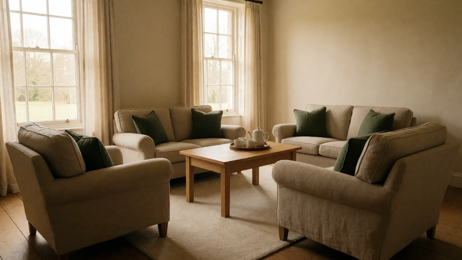 The reception room with its chairs unoccupied and cups stacked on a side table by the window