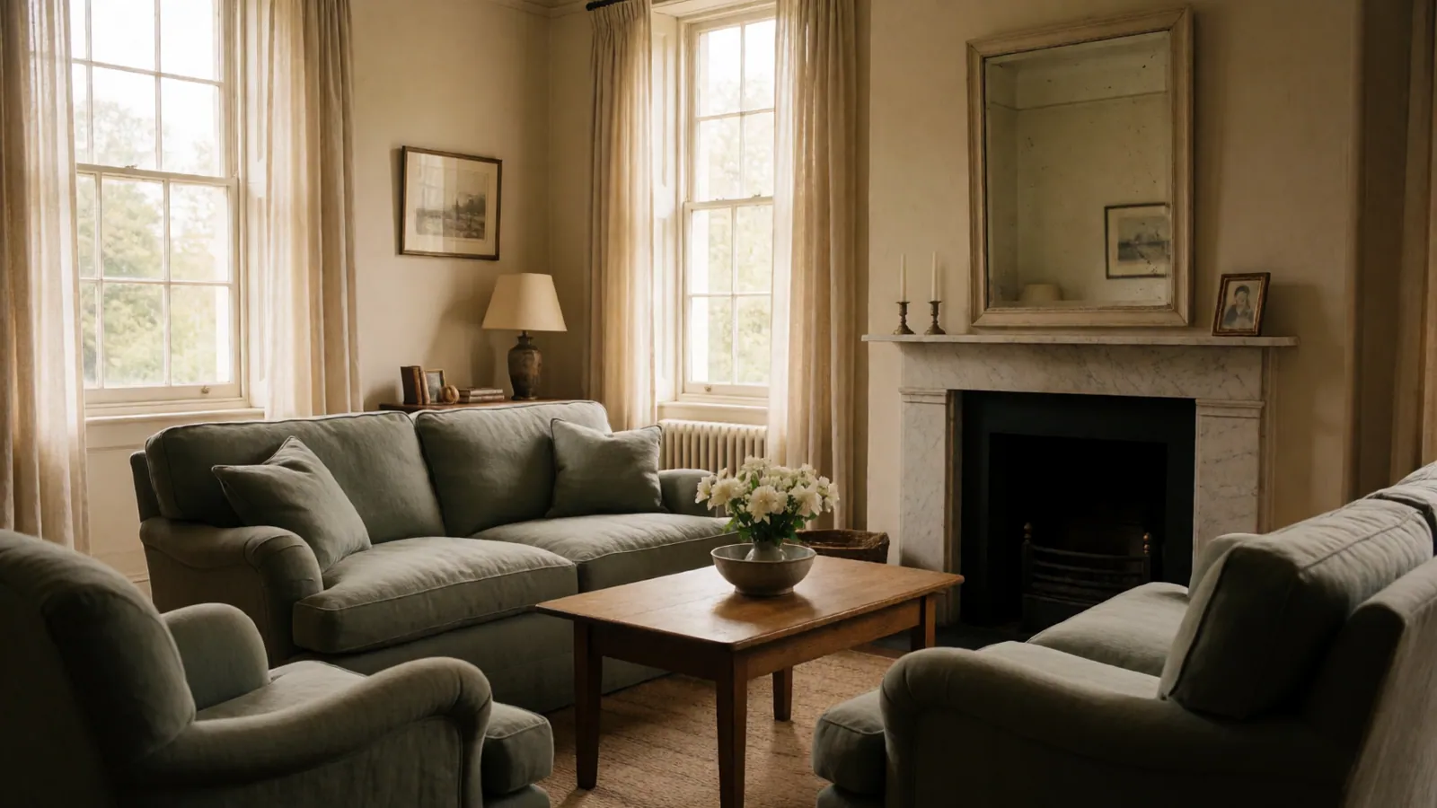 The front hall of the house, the staircase turning away at the back, empty in the middle of the morning