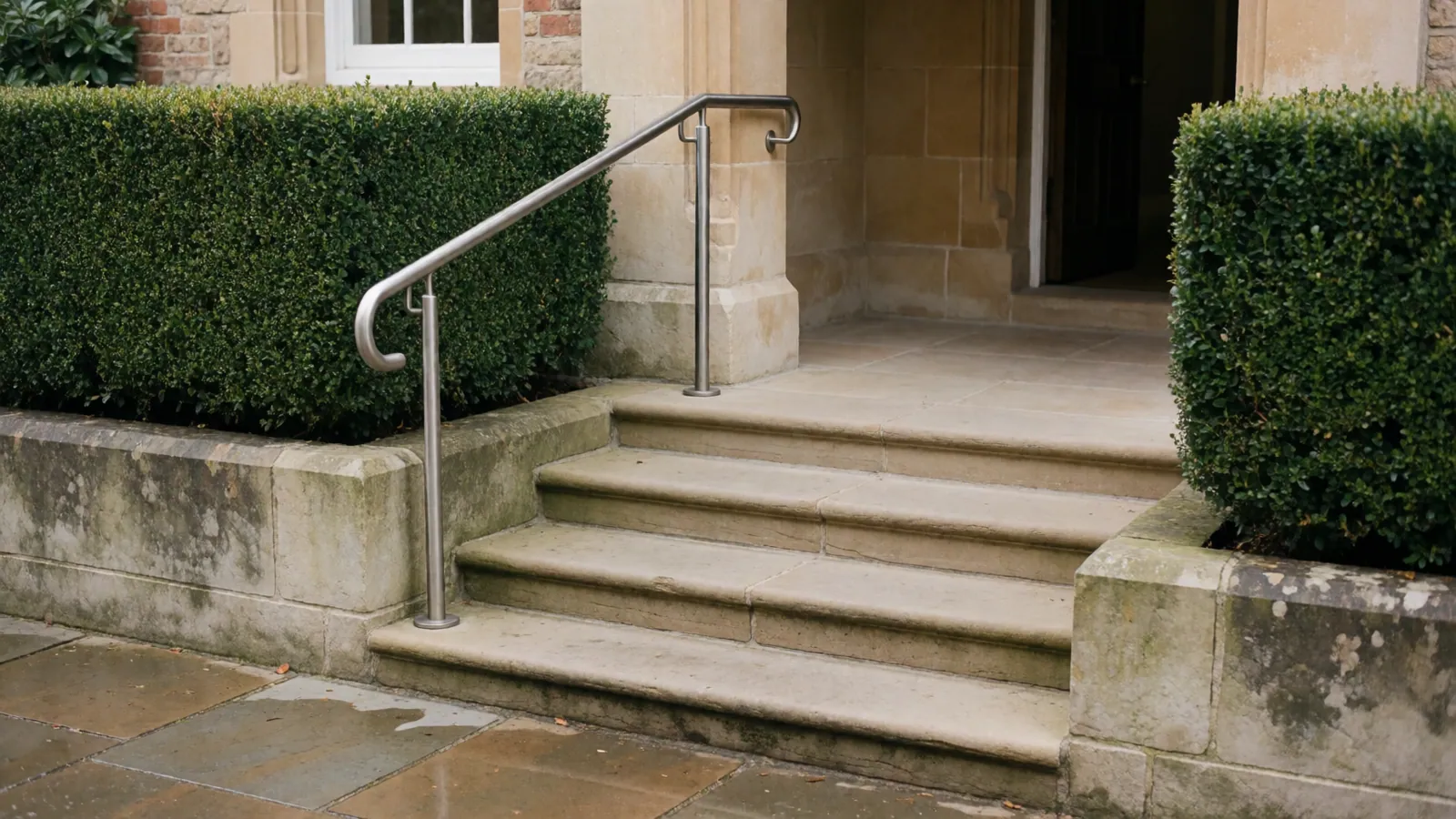 A ramp with a handrail running beside a low flight of steps, empty, in flat daylight