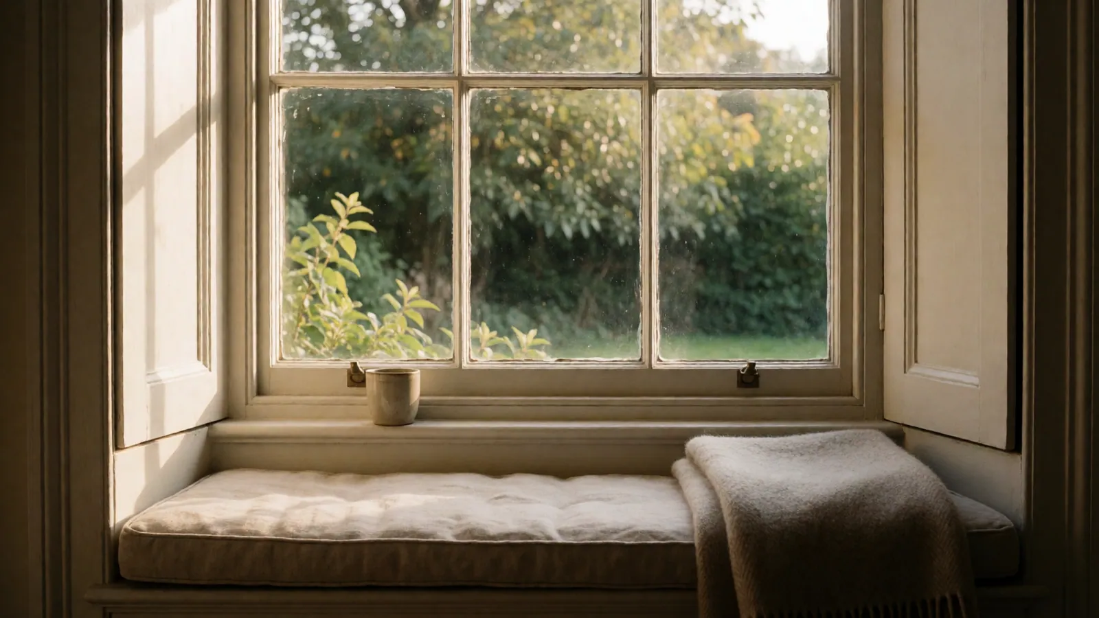 A window seat with a cushion and a folded blanket, the seat empty and the light coming in from outside