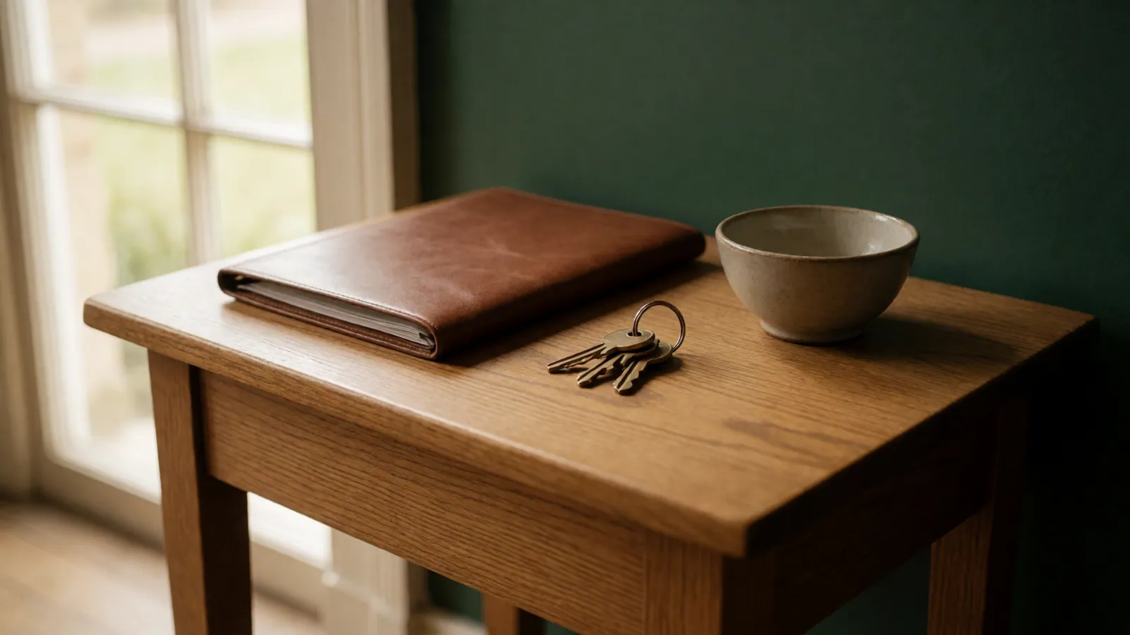 A small table with a chair on either side of it in an empty room, the door behind standing open