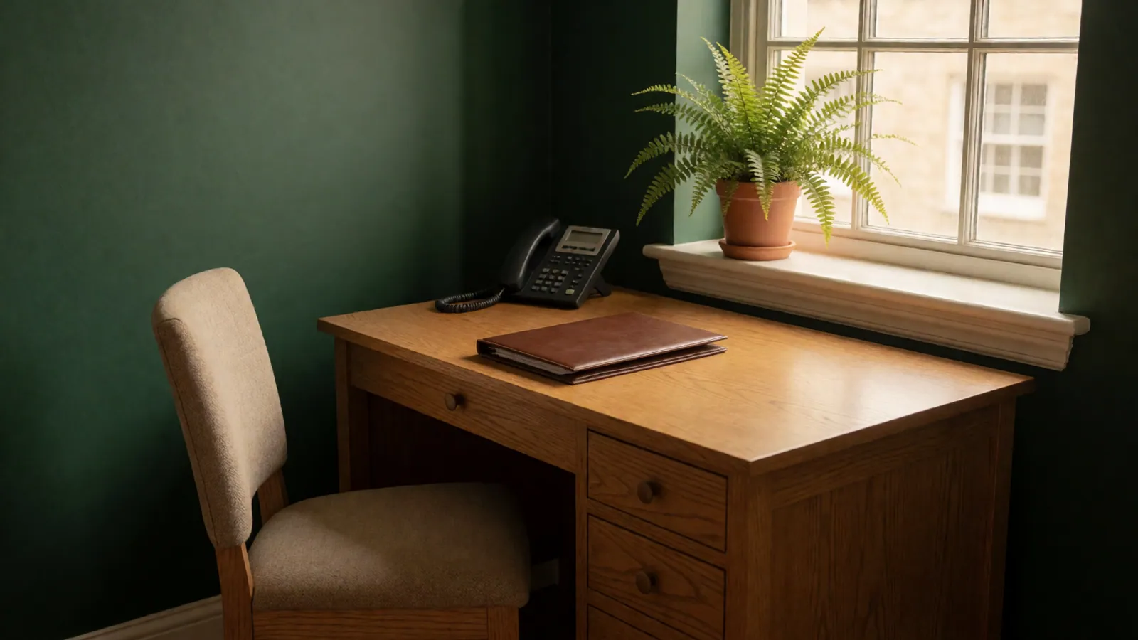An empty office desk beneath a sash window in flat morning light, with nothing on it