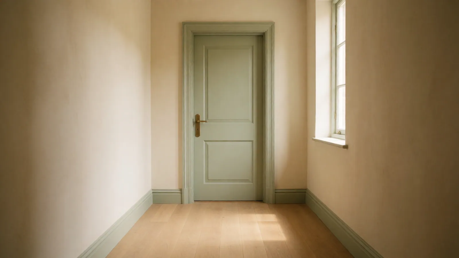 A closed panelled door at the end of an empty hall, daylight across the floor