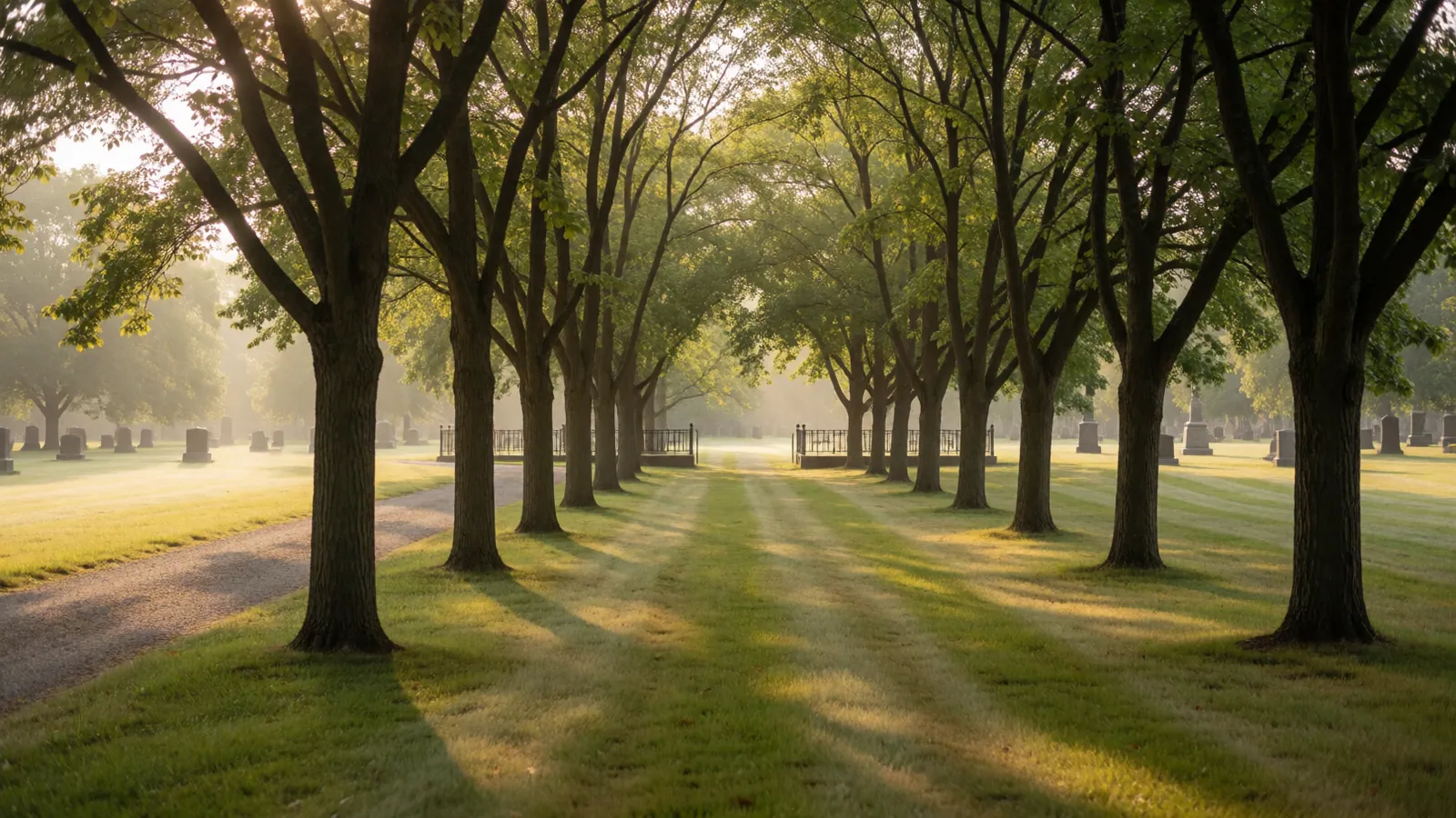 An avenue of limes running away from the camera across a mown cemetery lawn in flat afternoon light
