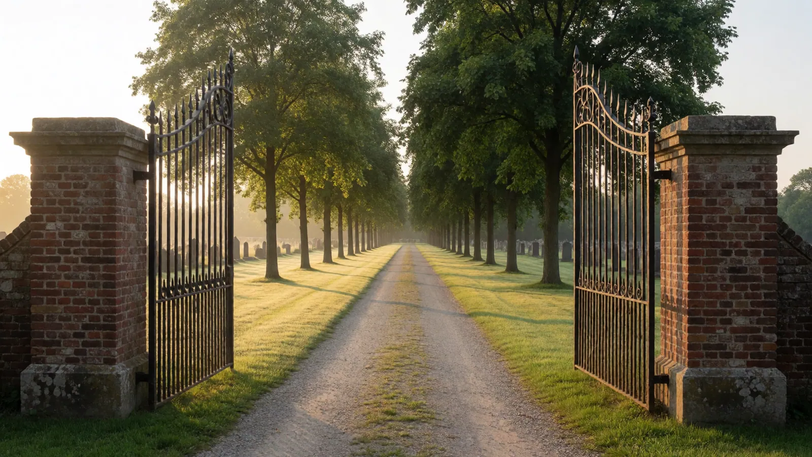 A wide mown lawn with an avenue of trees down one side, empty, with no monuments anywhere in the frame
