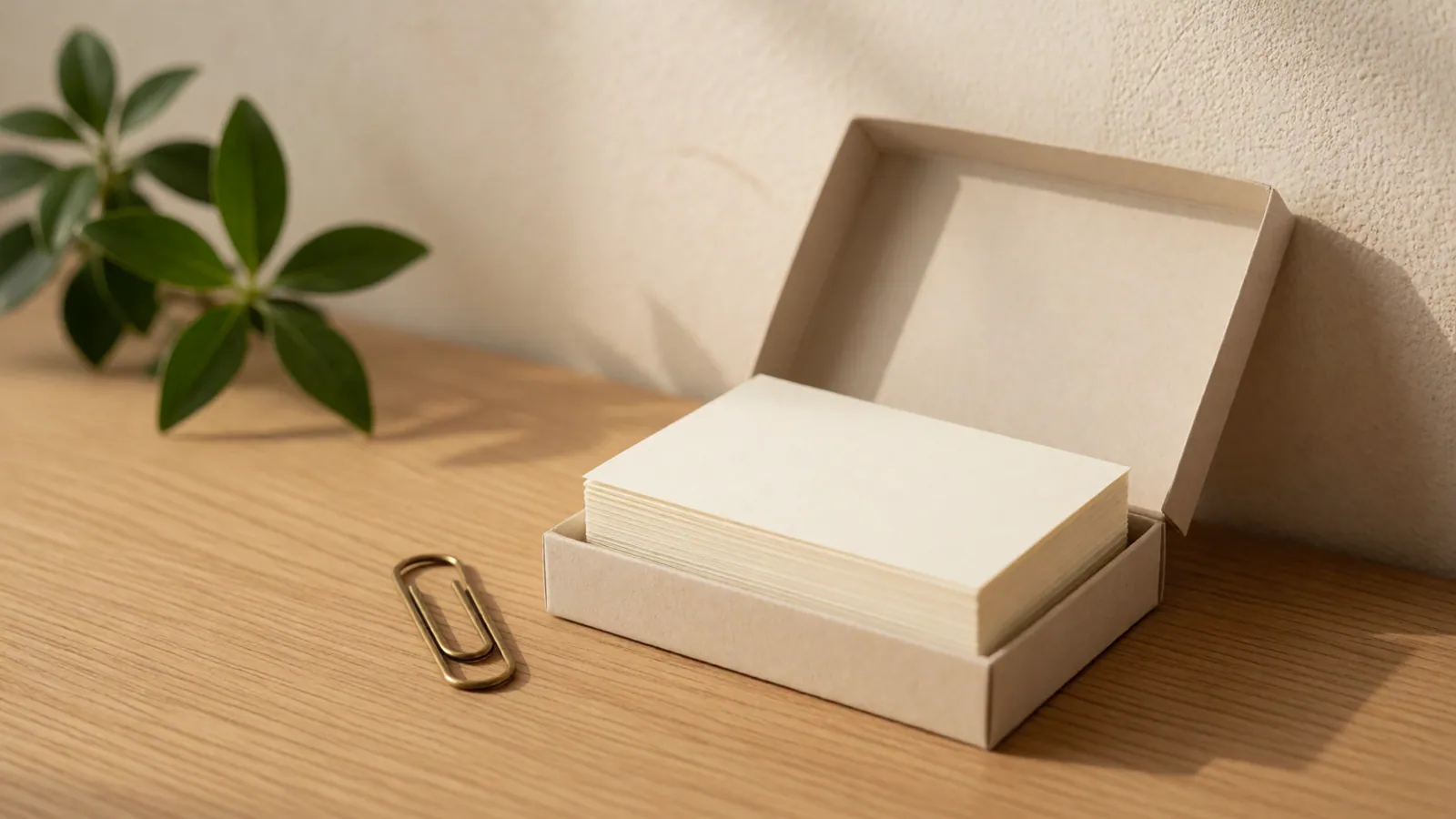 A blank card folder lying open on a desk beside a window, with nothing written on it and no papers inside