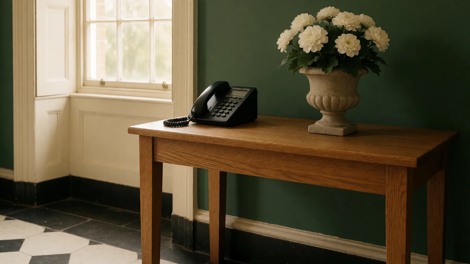 A plain table in the hall with a lamp on it and nothing else on the top