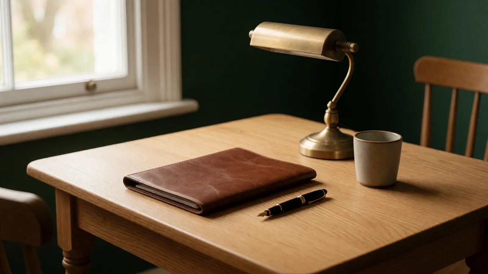 A round table by a tall window, two chairs drawn up to it, nothing on the wood but the morning light