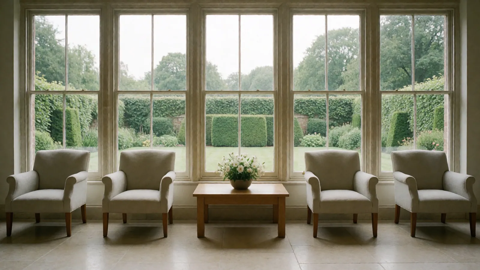 A plain waiting room with a long window onto a garden, a bench along one wall and daylight across a bare floor