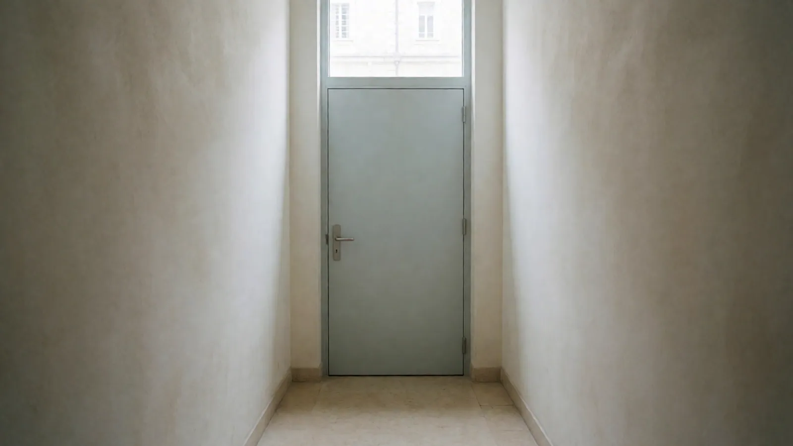 A quiet tiled corridor with a stainless steel counter and a folded white cloth on it, nothing else in the frame