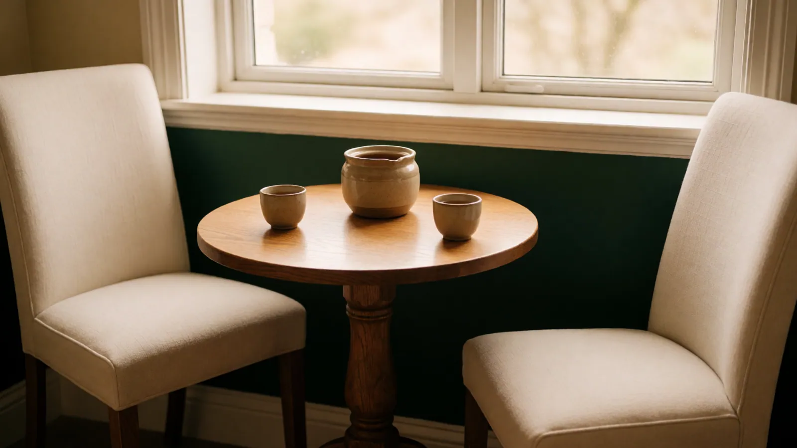Two chairs turned towards each other across a low table in an otherwise empty room