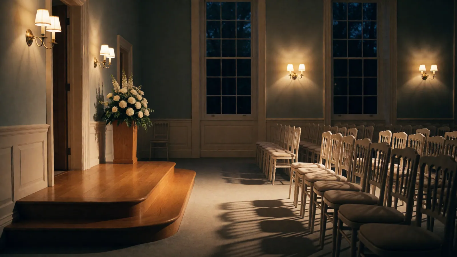 The chapel set out for a service, chairs in rows facing an empty front, flowers on a low table and daylight from the side windows