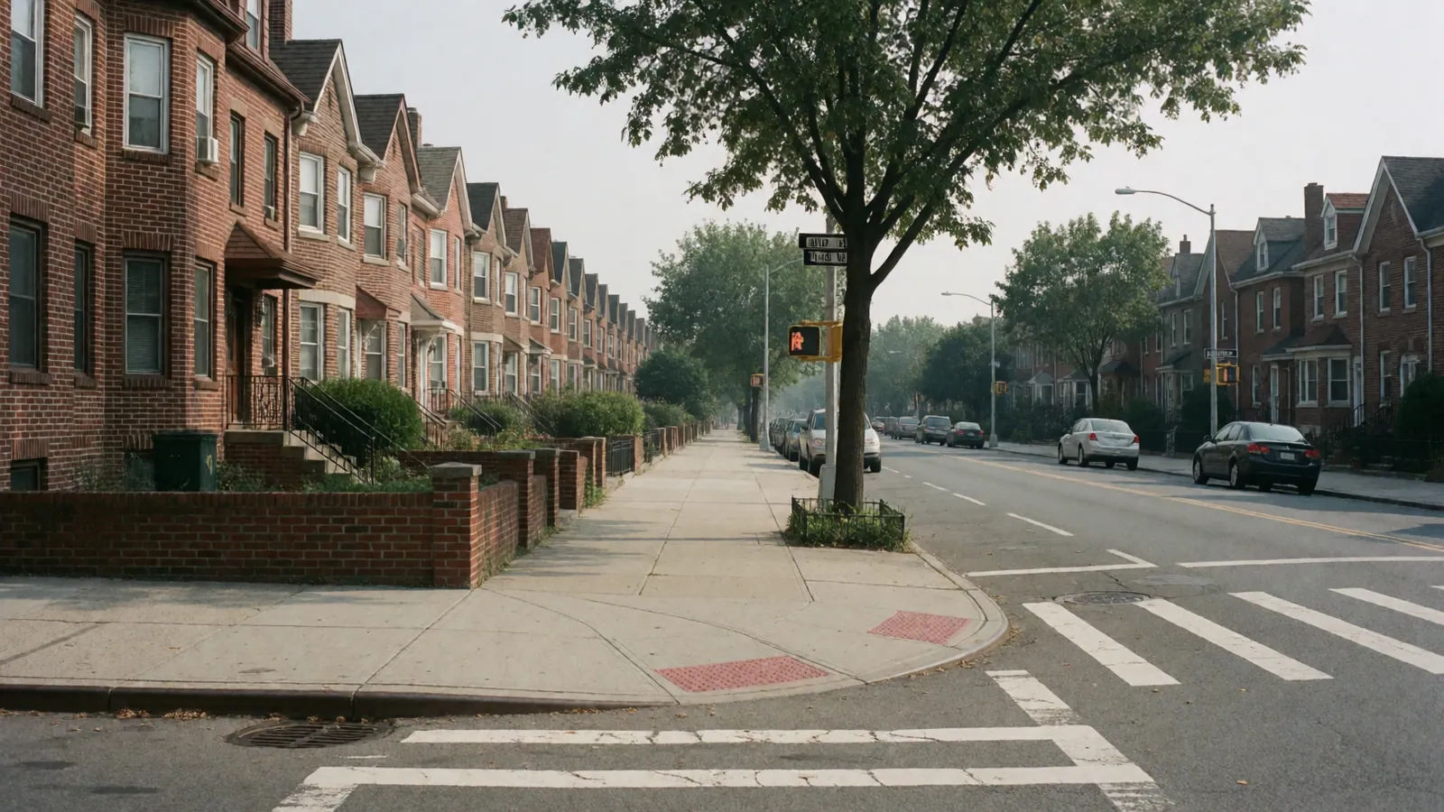 A residential block of low brick buildings under elm trees, looking away down the street, the pavement empty