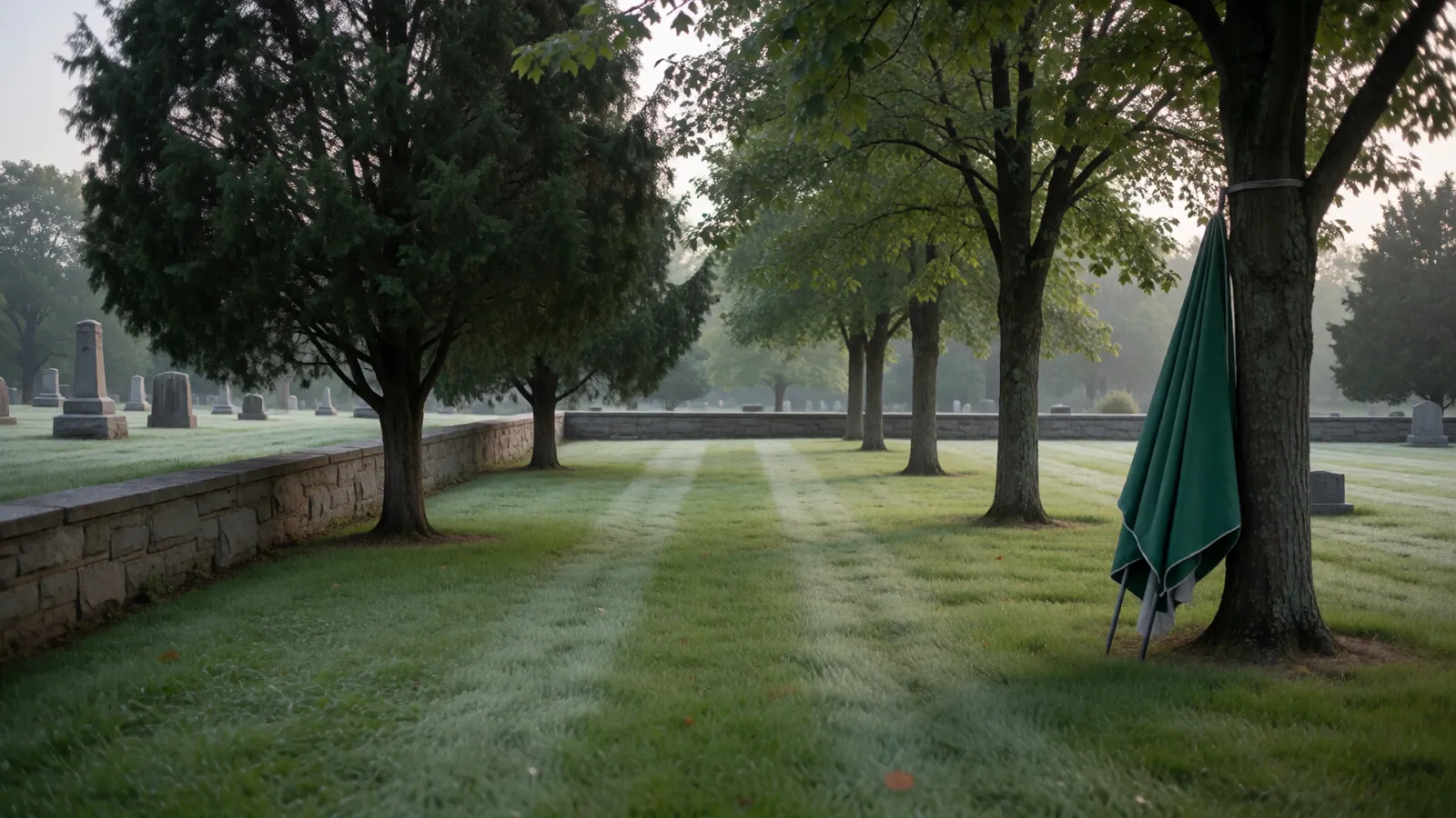 A canopy on a mown cemetery lawn with empty folding chairs beneath it and a line of trees along the boundary