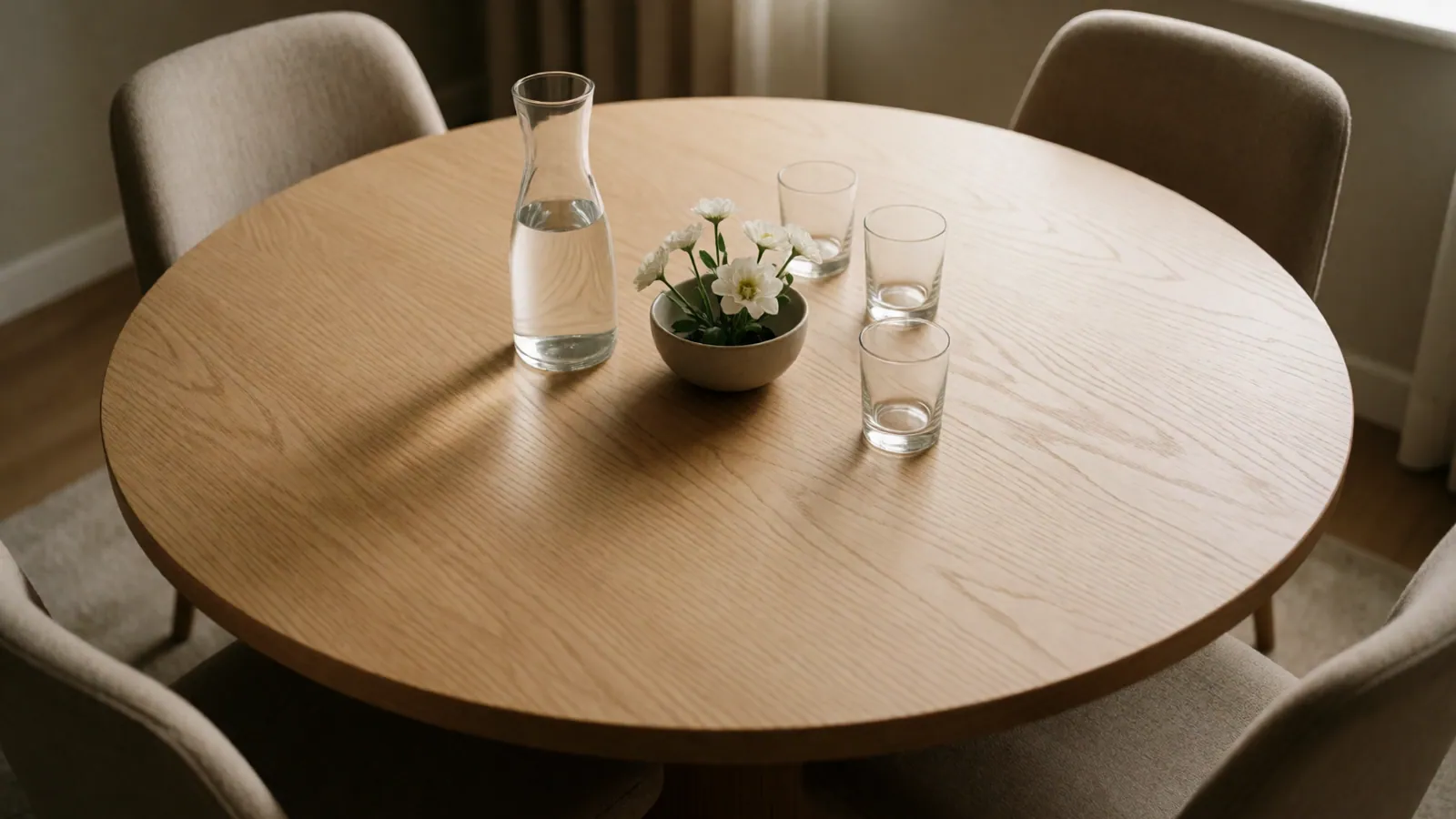 A round table with chairs drawn up to it, nothing on the table, daylight from a side window