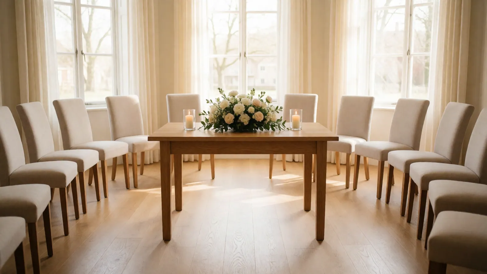 A room laid out for a gathering, chairs in a wide half circle around an empty space, tall windows behind them