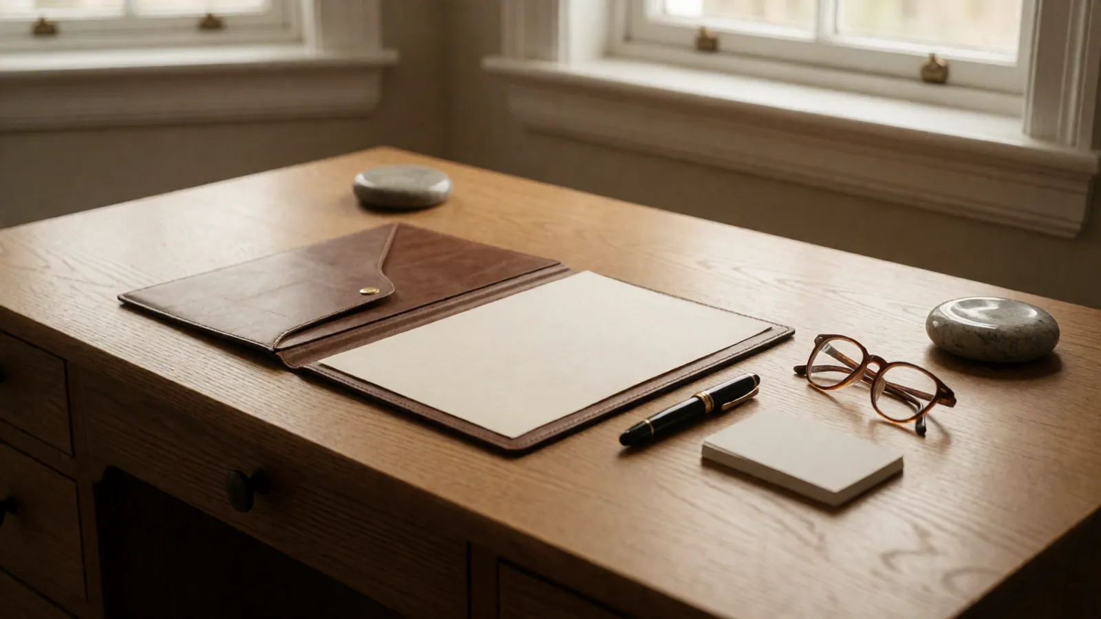 An open folder on a plain table, its pages blank, a pen resting beside it