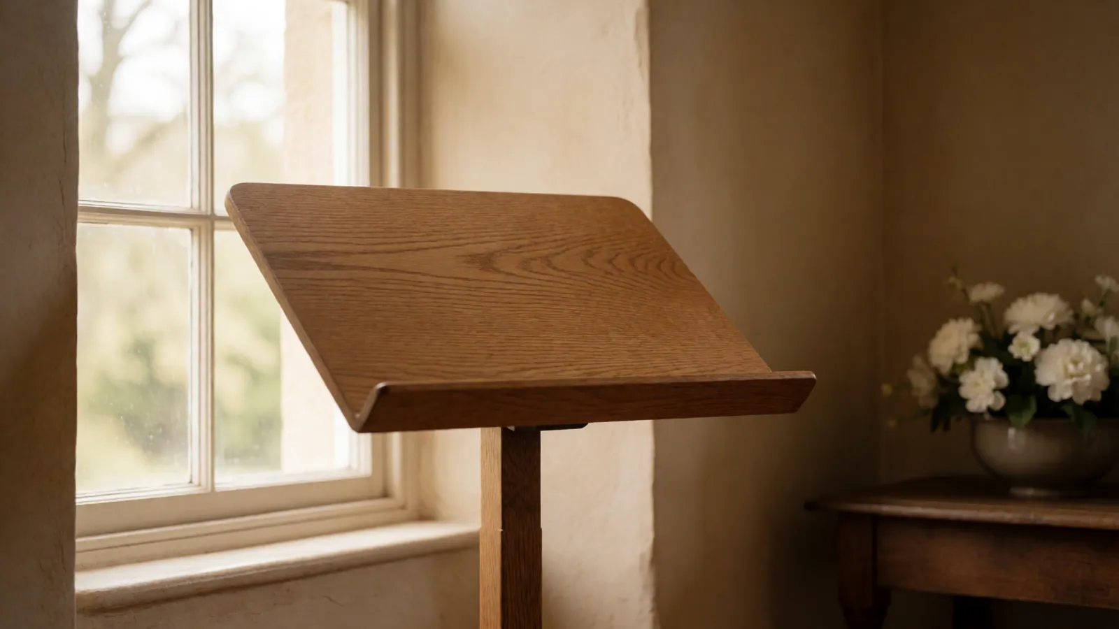A bare wooden reading stand in an empty room with nothing resting on it