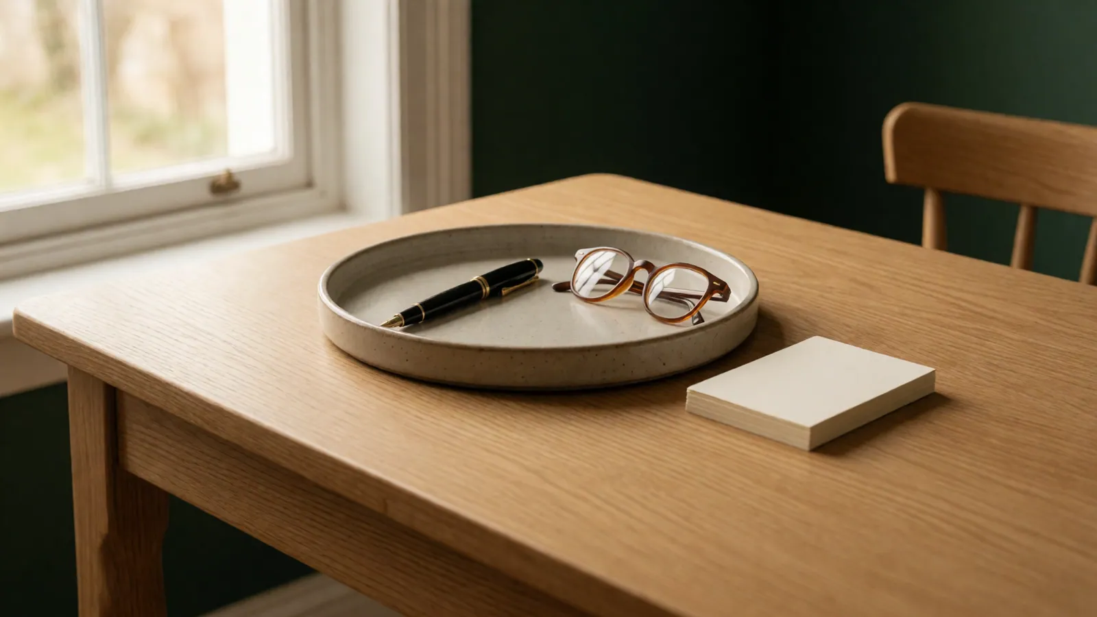 A plain table under a tall window with an open folder on it, nothing written inside and nobody in the room