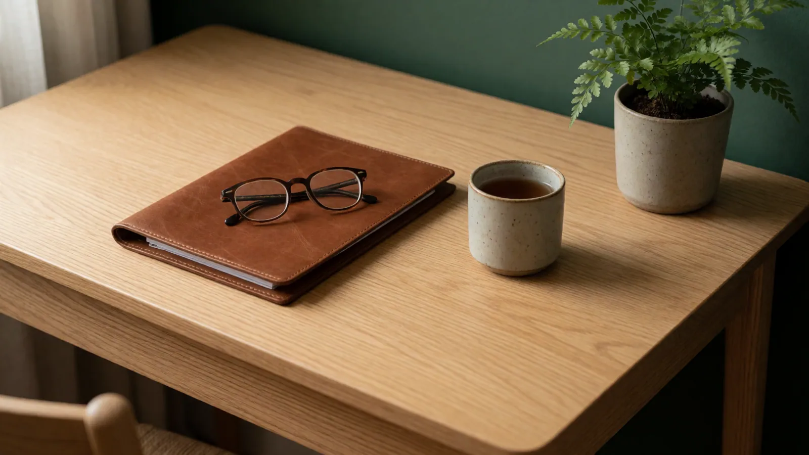 A small office desk under a sloping ceiling, a lamp lit on it, an empty tray and a chair pushed back