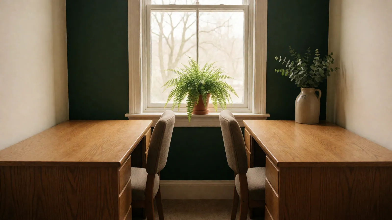 A quiet interior with chairs set against a plain wall and daylight from a tall window