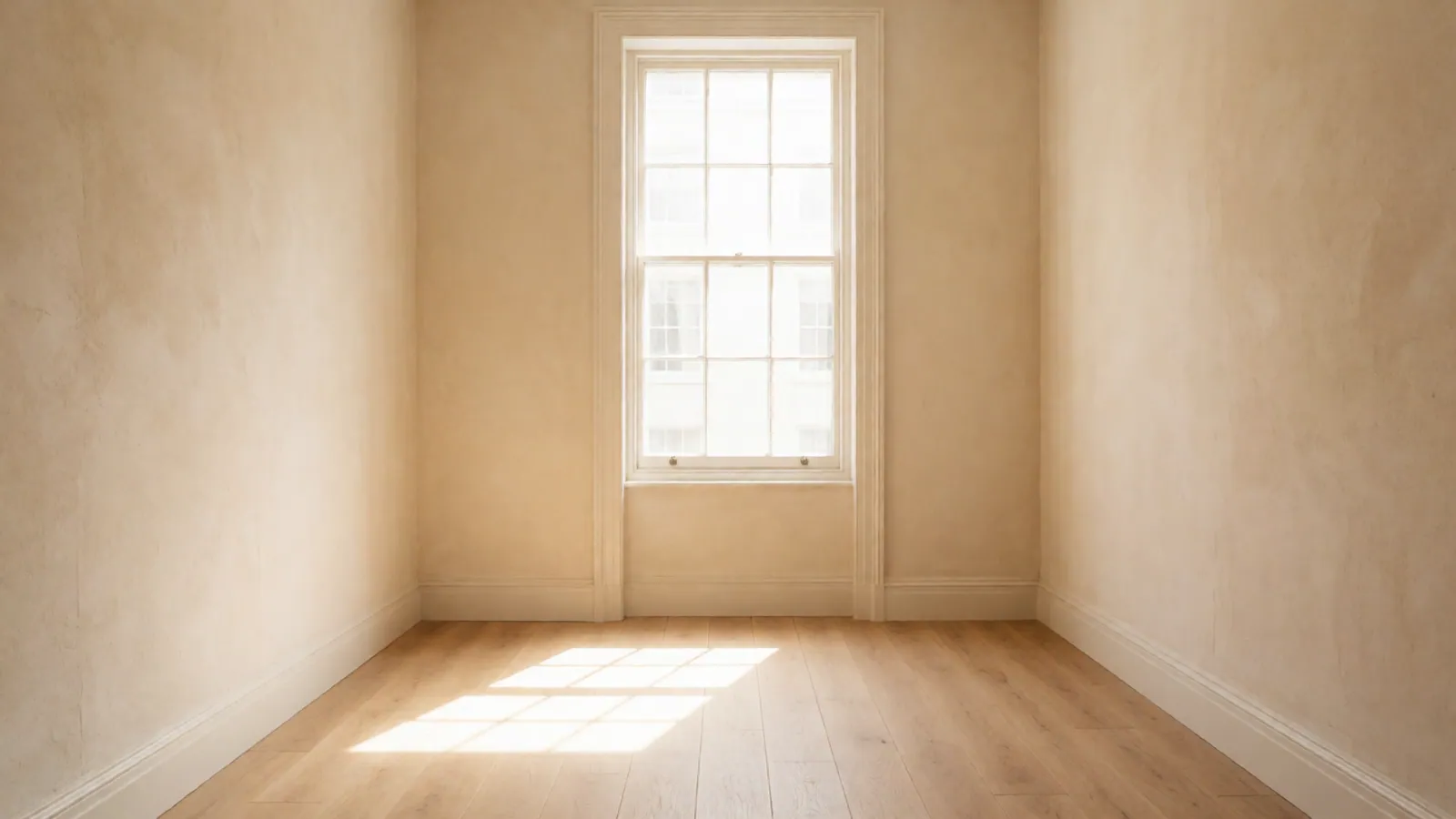 An empty room with bare walls and daylight lying across the floorboards