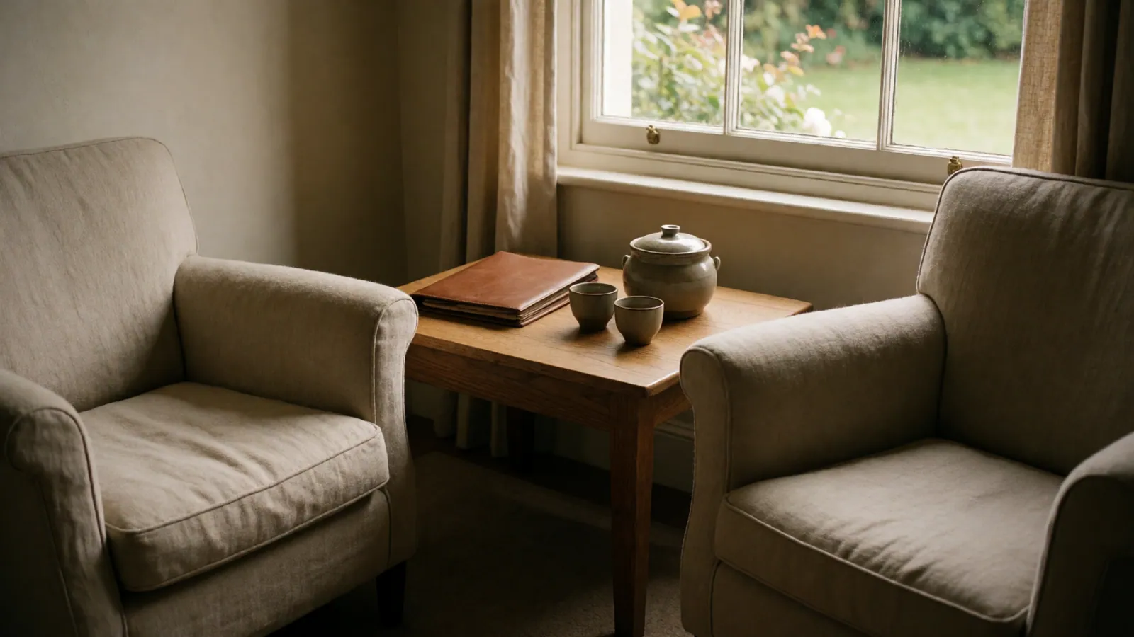 Two armchairs either side of a window in an empty room, with a low table between them and nothing on it