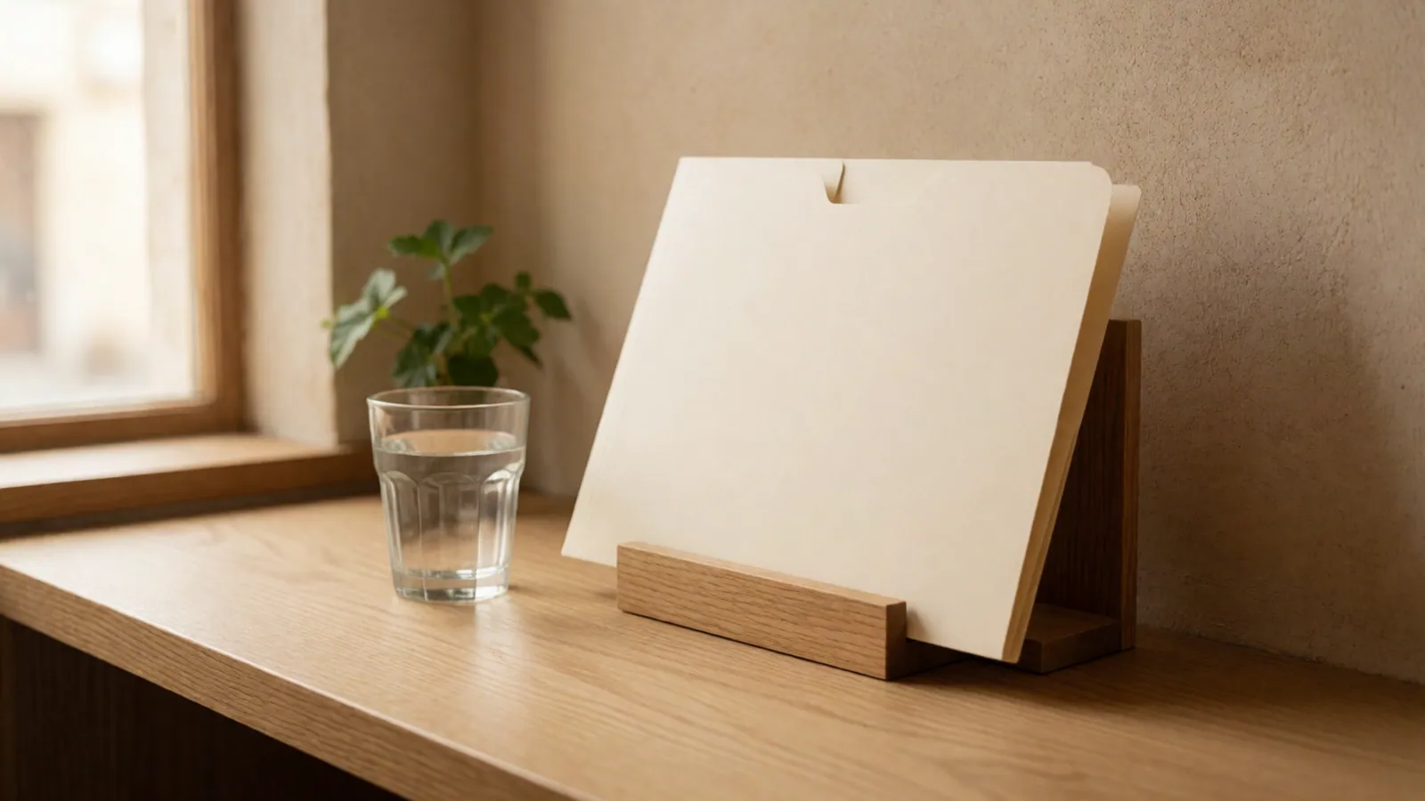 A plain desk under a window with an empty document wallet open on it and a chair pulled out on the near side