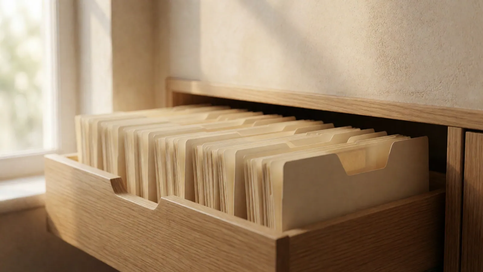 A blank card folder closed on the corner of a bare table, with a pen laid across it
