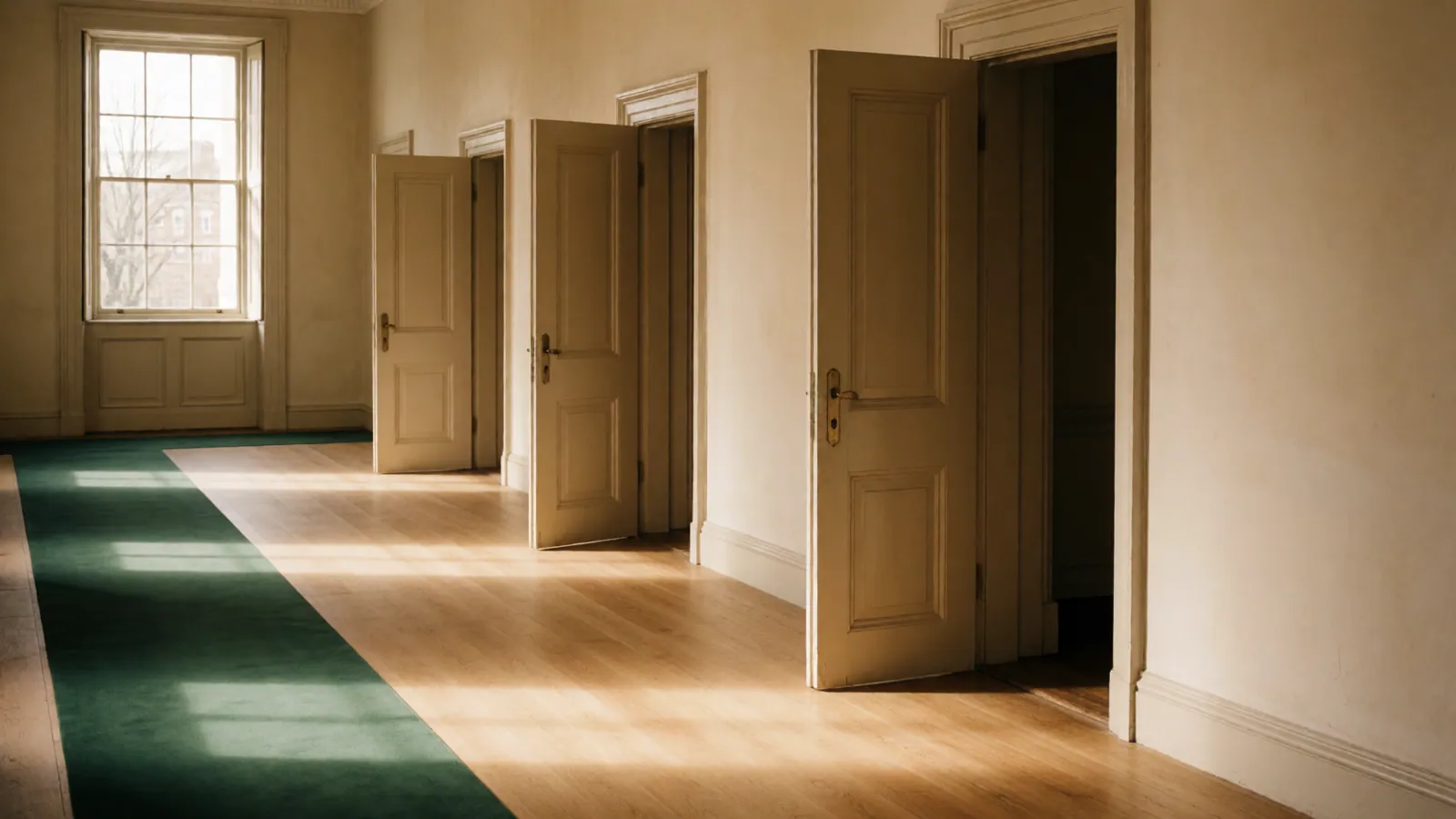 The hall outside the chapel, empty, with a bench against the wall and light falling across the boards from a doorway
