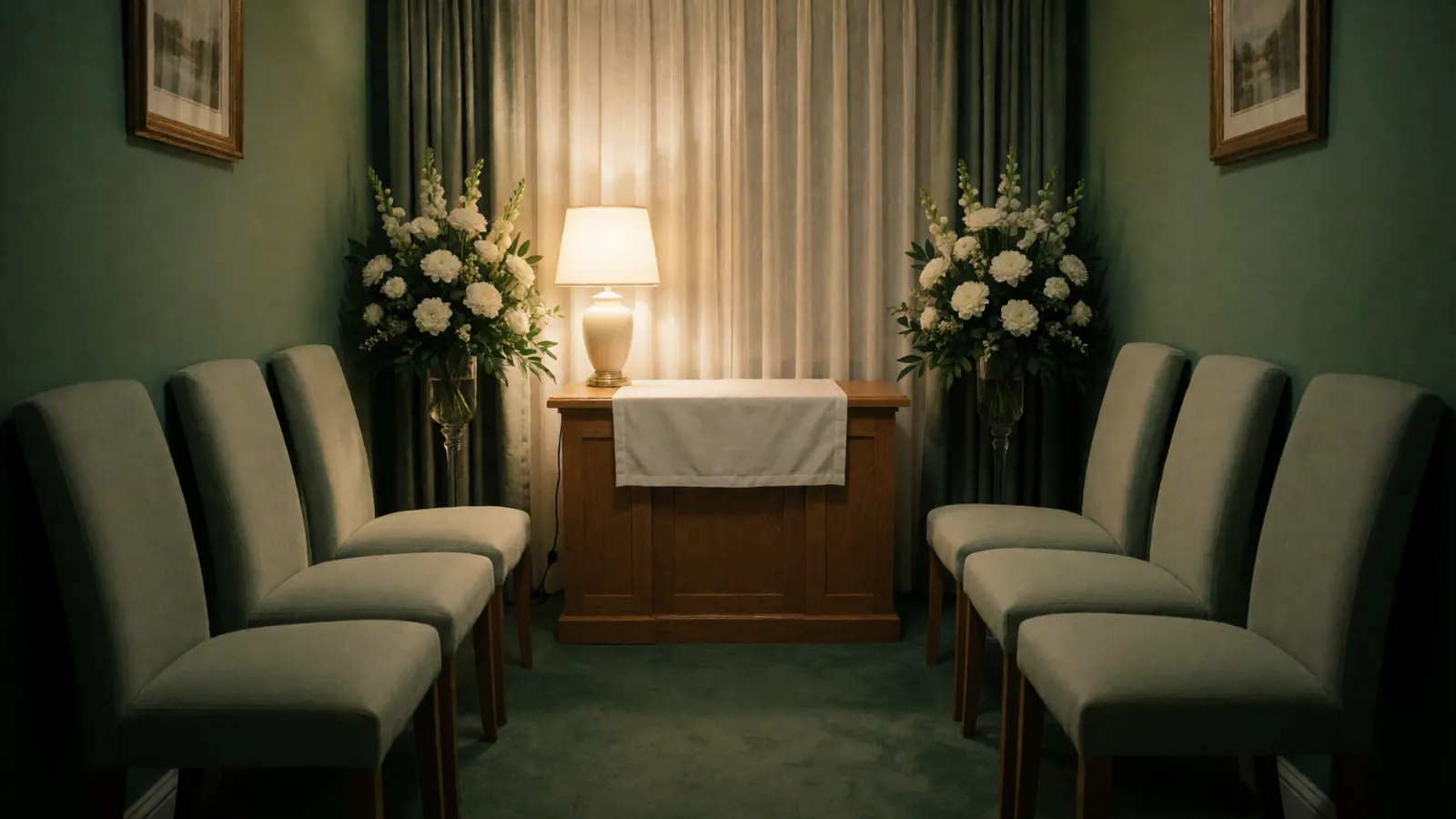 A reposing room with low lamps lit, armchairs along two walls and a bowl of flowers on a side table, nobody in the room