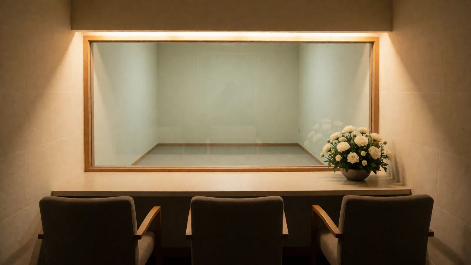A small room set aside at the crematory, a short row of chairs facing a plain wall, curtains drawn back from a tall window
