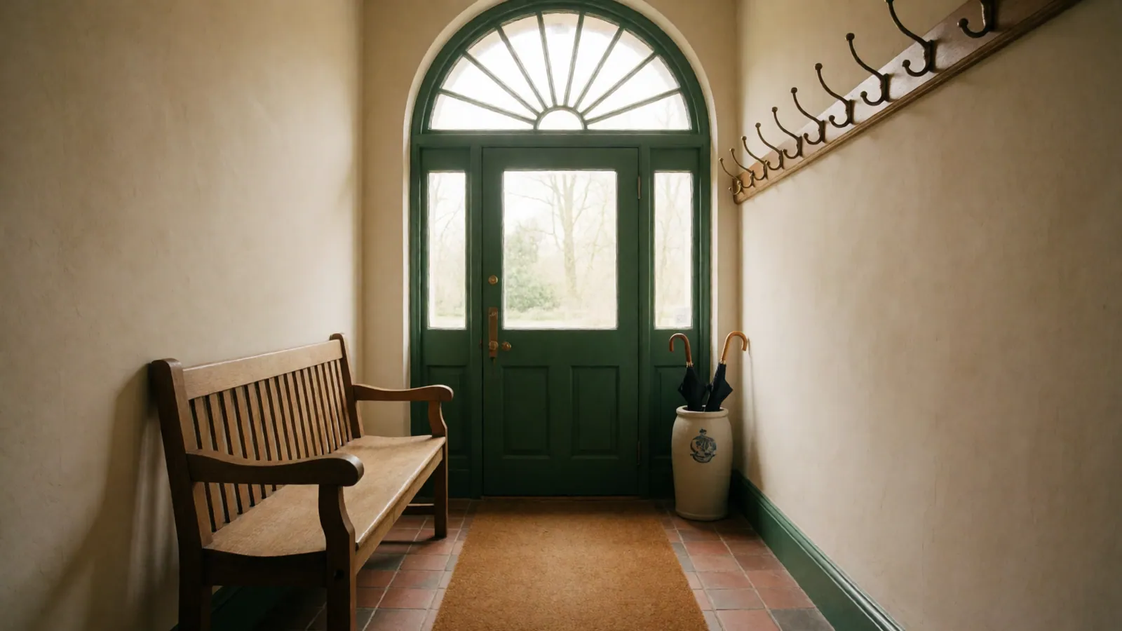 The vestibule inside the front doors, an empty bench along one wall and daylight from the glass above it
